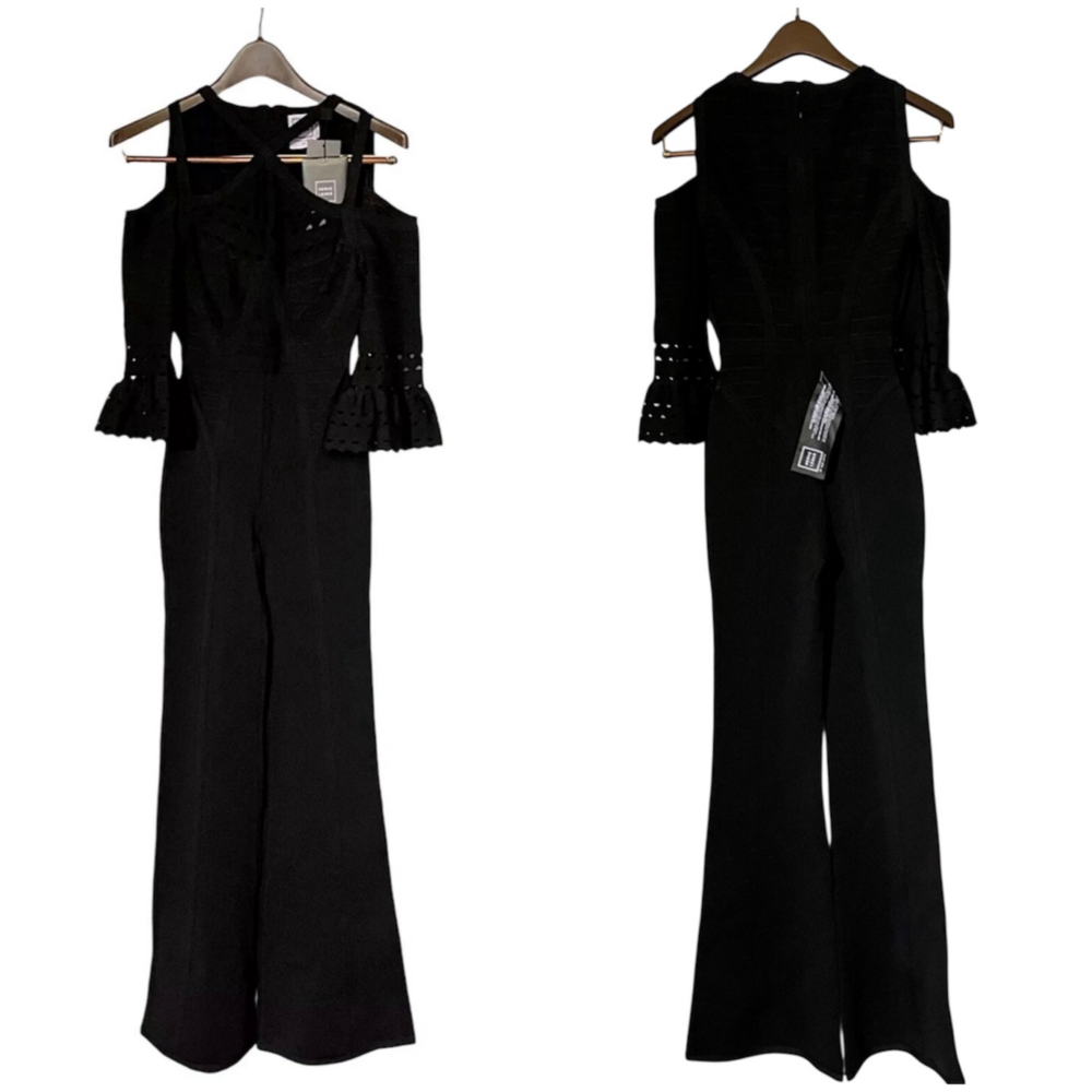 Herve Leger Jumpsuit Cayleigh Sz XS Bandage Cold Shoulder Flared NWT $1990